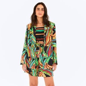 Farm Rio Preta Banana Shorts Black Linen Multicolor Leaves Pockets Small